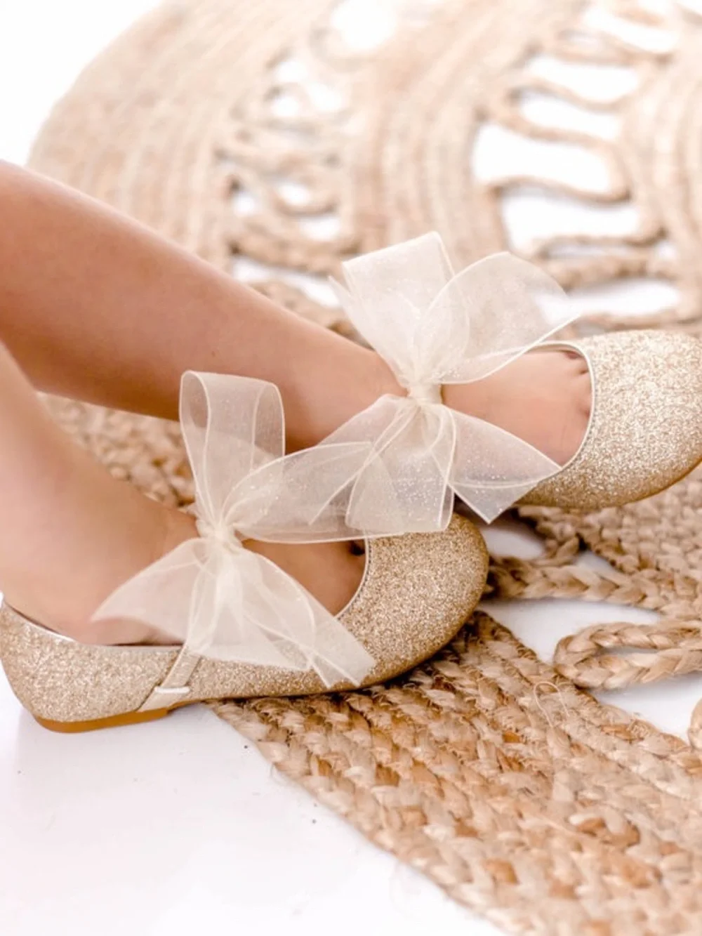 Girls Gold Glitter Dress Shoes with Sheer Bow